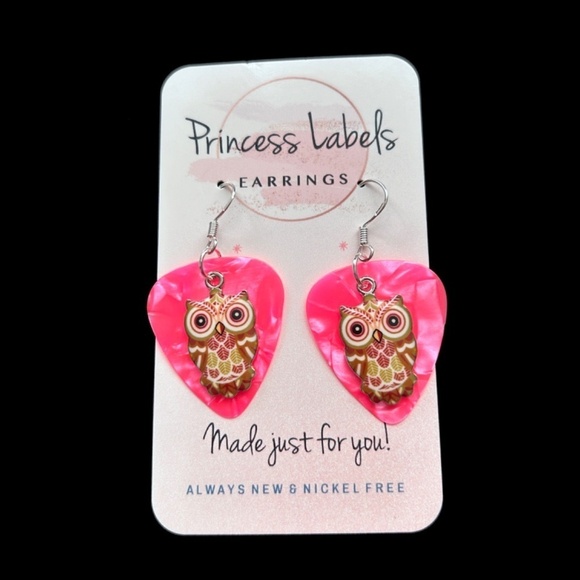 Hand Crafted Earrings Repurposed Guitar Picks Wise is the Owl Silver Plate Wires - Picture 5 of 9